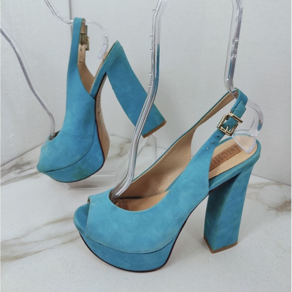 Schutz Turquoise Leather Textile Y2K Style Chunky Platform Peep Toe Heels, 7 - Picture 3 of 15